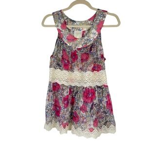 Anna‎ Sui Anthropologie Tank Top Floral Silk Lace Trim Sleeveless Boho Size S